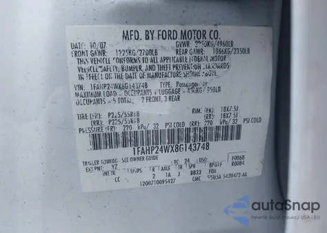 2008 Ford Taurus Sel from USA, damaged, VIN 1FAHP24WX8G143748